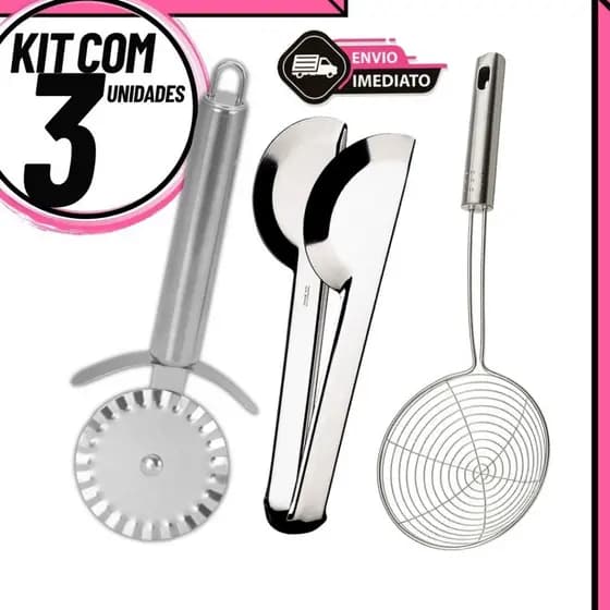 Pegador Inox + Escumadeira Fritura + Cortador de Pastel | Kit Utensílios Cozinha