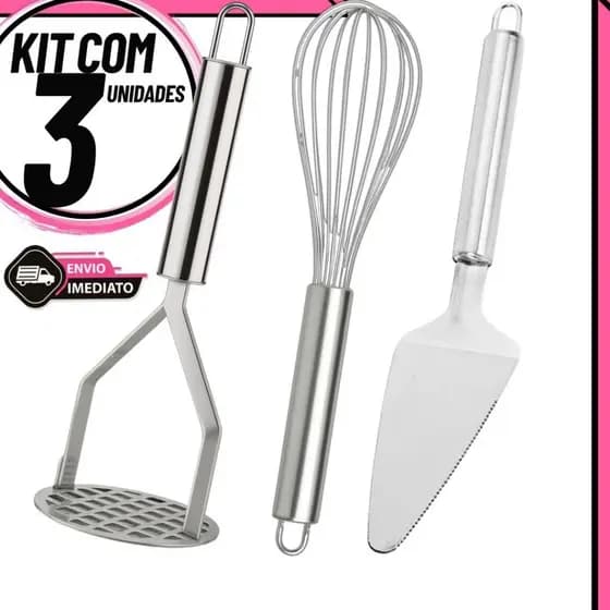 Kit Cozinha 3 Peças: Amassador de Batatas Inox + Fouet + Espátula de Bolo Utensílios Domésticos