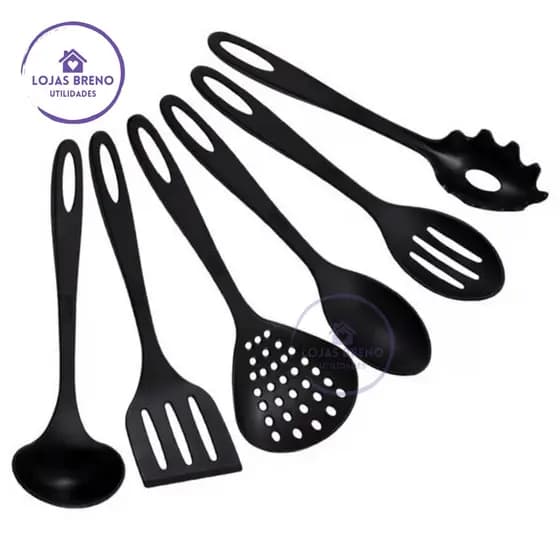 Kit Jogo de Utensílios Cozinha 6 Peças Nylon Preto Escumadeira Concha