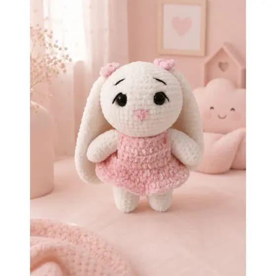 Coelho Orelhudo Amigurumi em Fio de Pelúcia com Vestido Rosa – 18 cm Artesanal