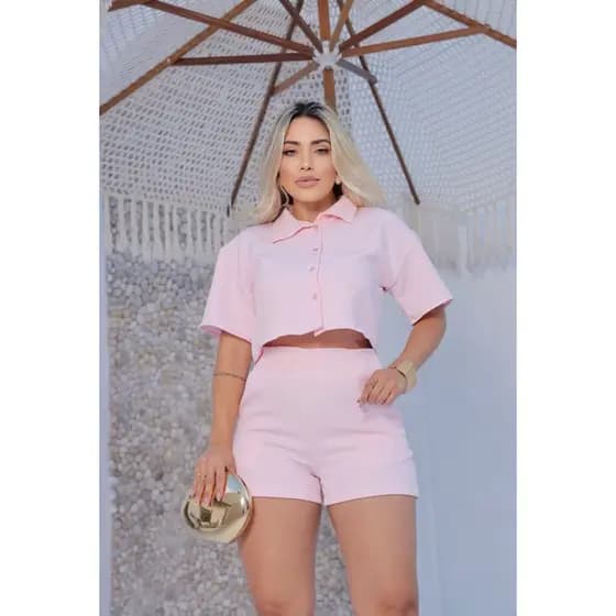 conjunto feminino short mais cropped botões moda feminina