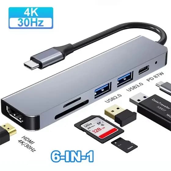 Adaptador HUB 6 em 1 Tipo-C USB HDTV 4K 30Hz Vídeo HDMI USB 3.0 USB 2.0 SD TF Cartão Leitor Dados Hub Tipo-C para Hdmi