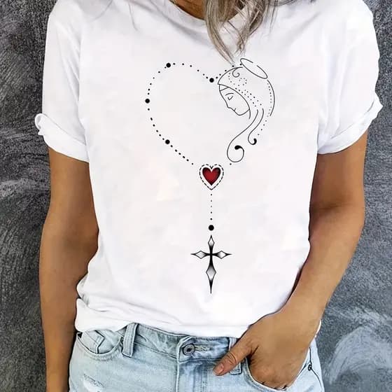Camiseta Casual Feminina de Manga Curta com Gola Redonda Estampa de Coração & Cruz, Primavera/Verão, Camisetas Fofas
