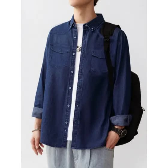 Camisa Jeans Masculina Manga Longa De Botão Com 2 Bolsos Tem Pouquinho Elastano Denim Premium Camisa Para Primavera Verão E Outono