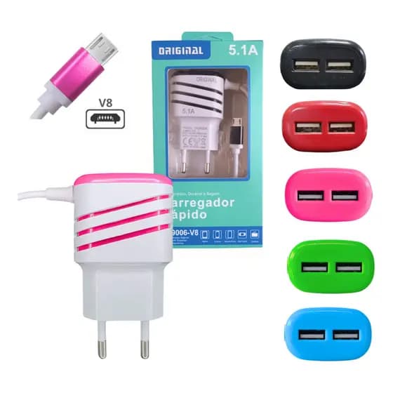 -- Carregador Completo V8 Com 02 Portas Usb 5.1a Cabo Fixo