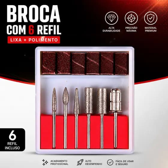 Kit 6 Brocas Lixa Elétrica Lixadeiras Unhas Manicure Com 6 Refis de Lixas
