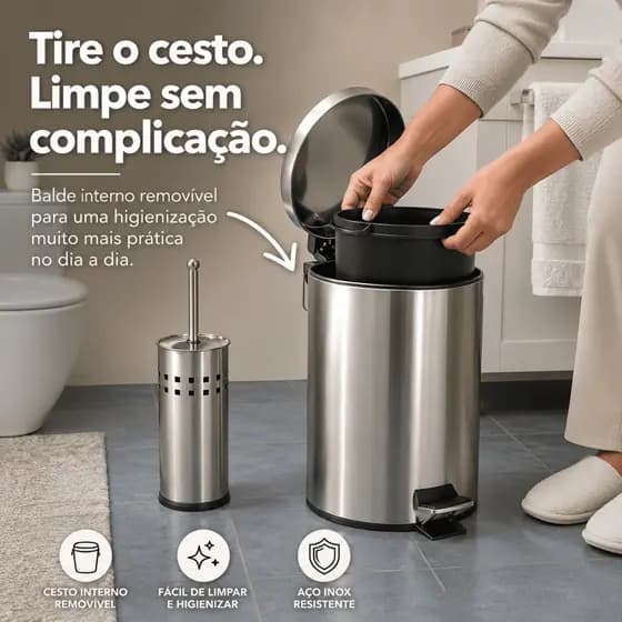 Lixeira Inox 3/5/12 Litros / Escova Sanitária Pedal Cesto Balde Interno Removível Aço