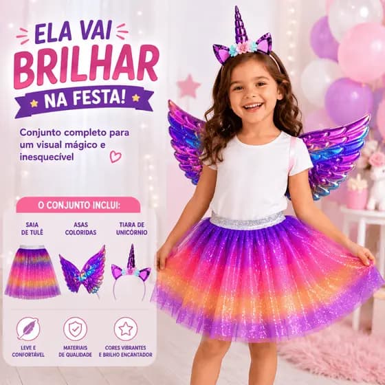 Fantasia Unicórnio Festa Saia Tulê Tiara Asa Colorida Menina