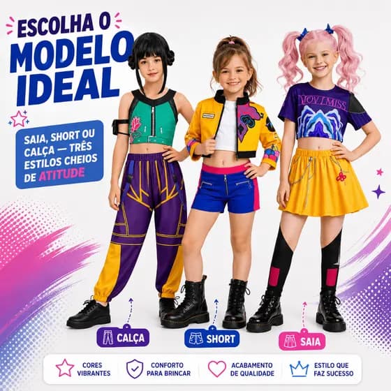 Fantasia Cosplay Infantil Menina Calça Saia ou Short Fantasia