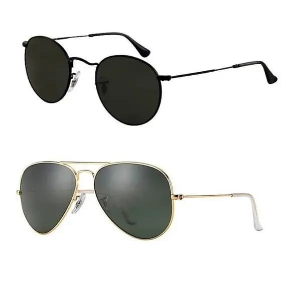 Kit Combo 2 Óculos De Sol Aviador Round Lentes De Cristal Proteção UV400 Masculino Feminino Moda