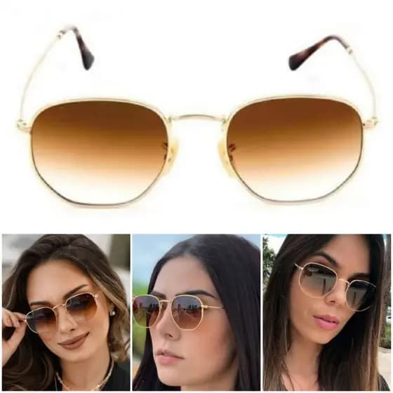 Óculos De Sol Hexagonal Marrom Degrade Masculino Feminino UV400 Lente De Cristal Armação De Metal