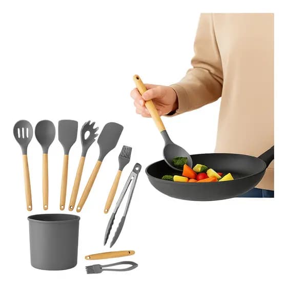 Kit 12 Utensílios De Cozinha Em Silicone Com Cabo Madeira