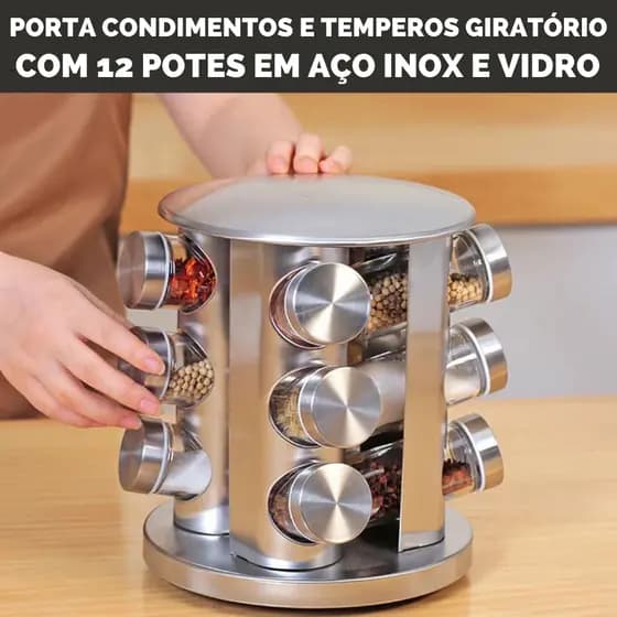 Porta Tempero Condimento Cozinha Organizada Inox Com Suporte Giratório Não Enferruja
