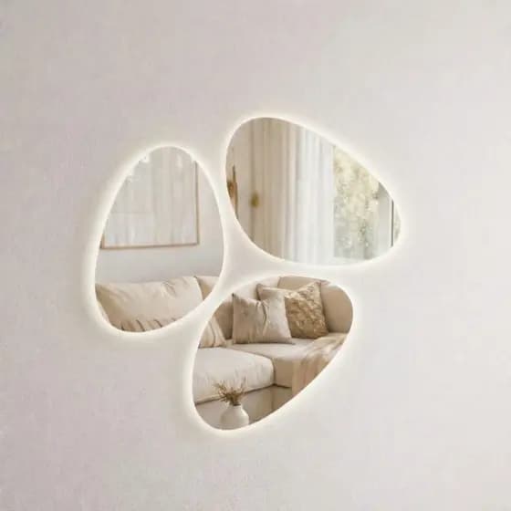 Kit 3 Espelhos Orgânicos 45x70 com LED –Iluminação a Pilha ou Fonte, Decorativos para Sala, Hall, Quarto e Closet Modern