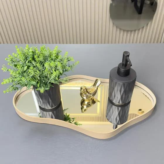 Bandeja Decorativa Espelhada Orgânica em Couro Ecológico- Elegante, Moderna - 3 cores
