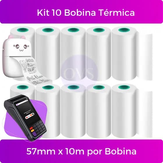 Kit 10 Bobina Etiqueta Termica Não Adesiva 57mm x 16m Branco Para Mini Impressora Portátil