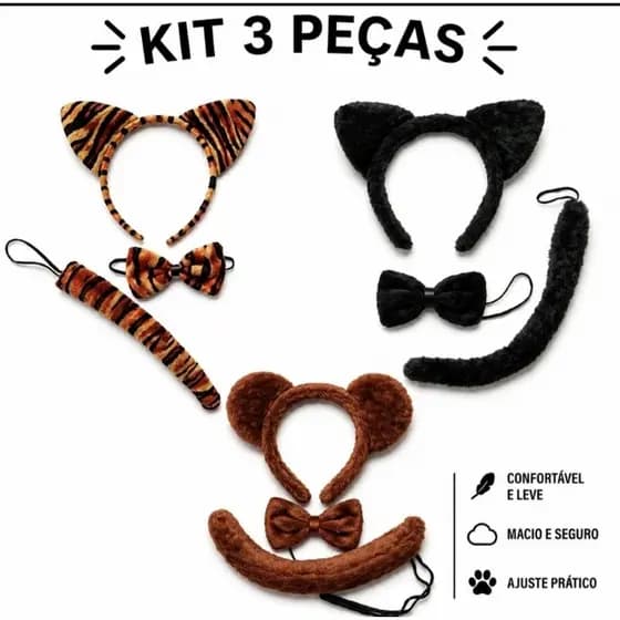 Kit gato Tiara Rabinho Gravata Gato Onça Tigre Urso Carnaval Halloween Festa Temática Cosplay Adulto Infantil