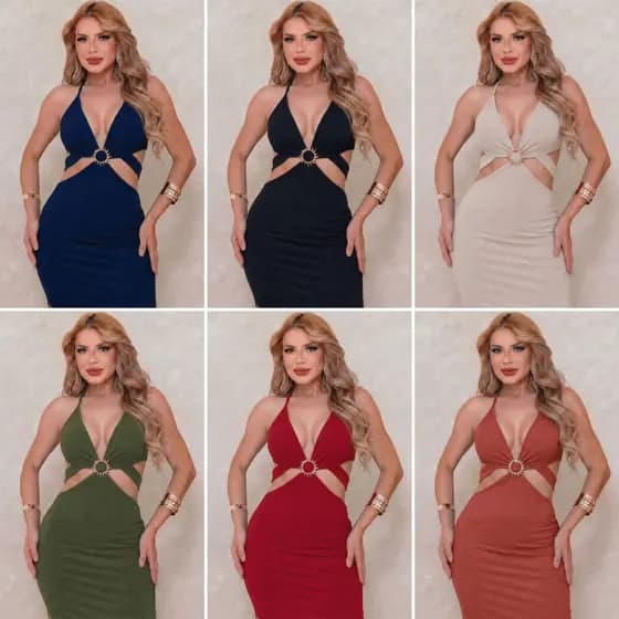 Vestido Midi Canelado com Detalhe de Sol Dourado