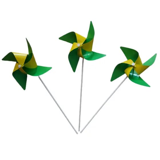 Kit 100 Cataventos Giratório Verde E Amarelo Brasil Em Papel Couchê Haste De Plástico Colorido Divertido.