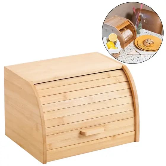 Porta Pão Bolo de Bambu Pequeno Multiuso Com Tampa Retrátil Basculante