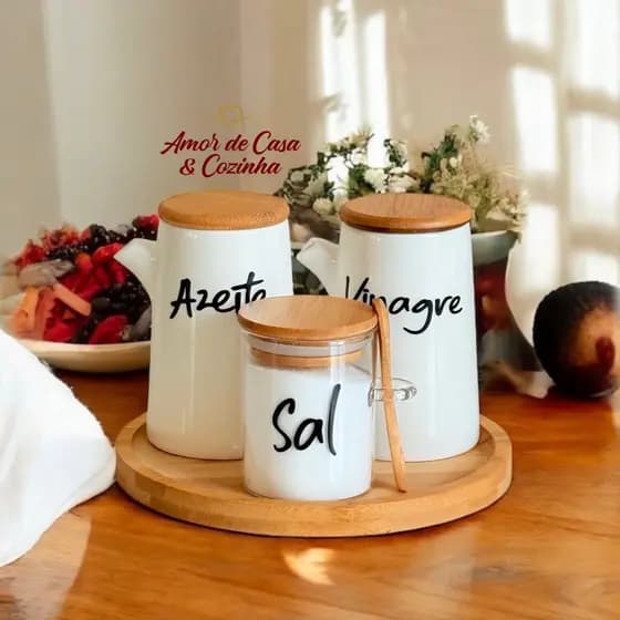 KIT GALHETEIRO 4 PEÇAS PORCELANA E BANDEJA DE BAMBU JADE