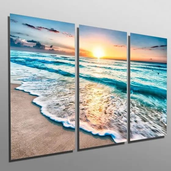 Kit Quadros Decorativo Mosaico 3 peças Sol Praia Mar 120x60 MDF Sala Quarto Hall Escritório