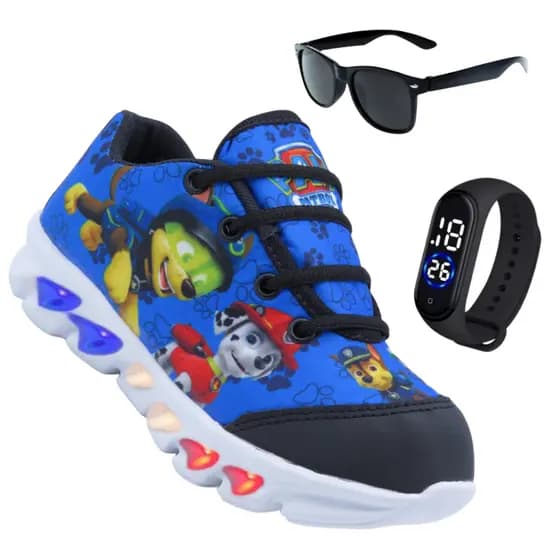 Tenis de LED infantil Patrulha Canina masculino mais relogio e oculos meninos com luzinhas