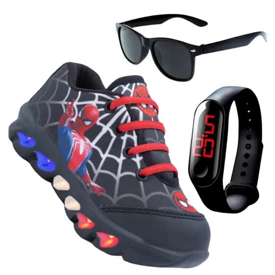 Tenis de LED nfantil Homem Aranha masculinos mais relogio e oculos meninos com luzinhas