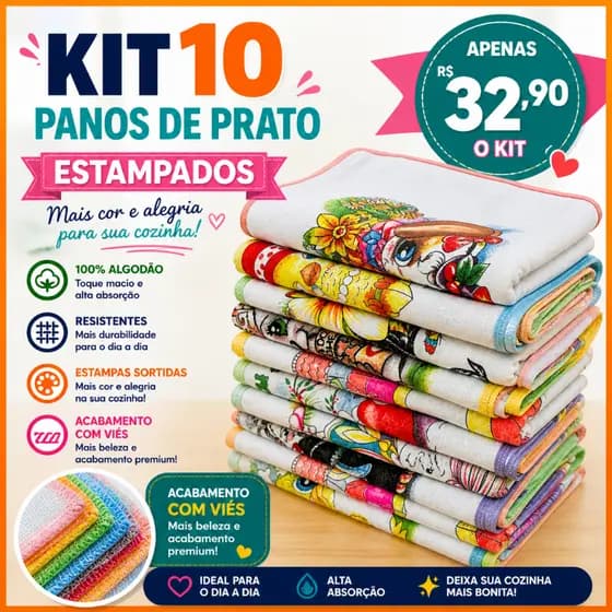 Kit 10 Panos De Prato Com Vies Estampado Grande
