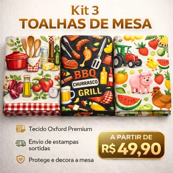 Kit com 3 Toalha De Mesa Oxford 4 e 6 Lugares