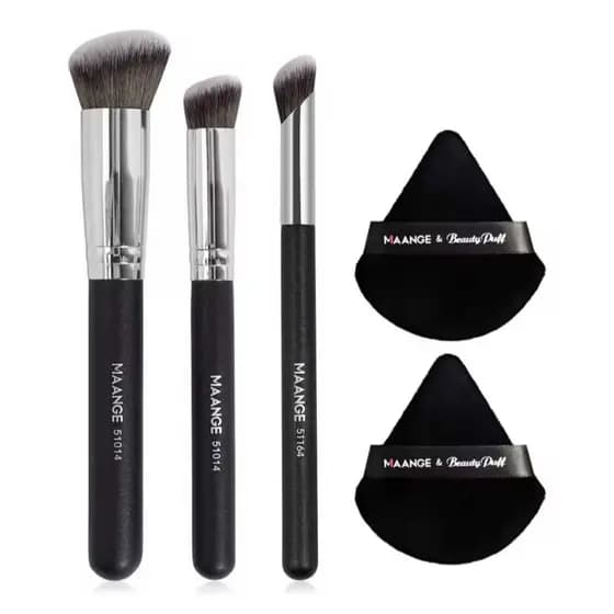 Kit Maquiagem MAANGE 03 pincéis + 2 Puffs Aveludados - Base Contorno Pó