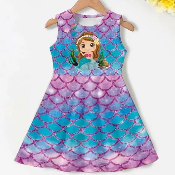 Vestido Temático estampa escamas de sereia azul