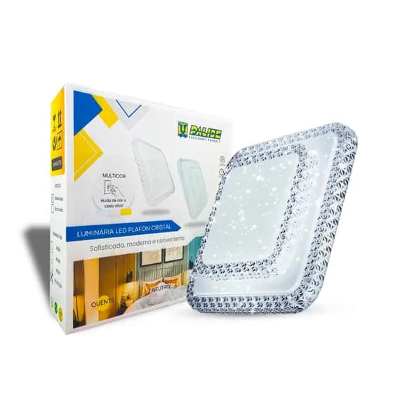 Plafon Cristal Led Quadrado Multicor Sobrepor Borda Infinita 24W Palide Original