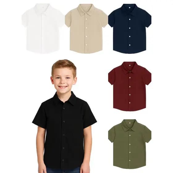 Camisa social menino infantil básica com botão manga curta viscolinho elegante verão casual