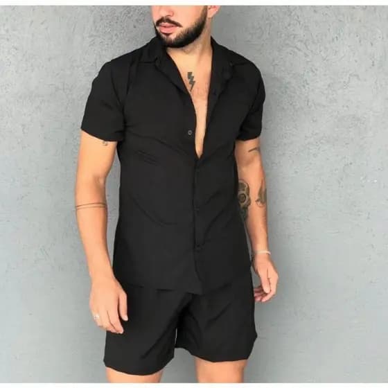Camisa Conjuntos listrada e lisa masculina slim fite Manga curta férias na praia viscolinho