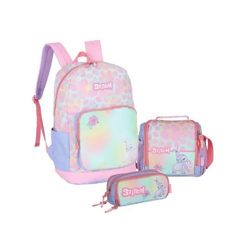 Kit Mochila Costas Stitch Disney Angel Lancheira Térmica Estojo Triplo