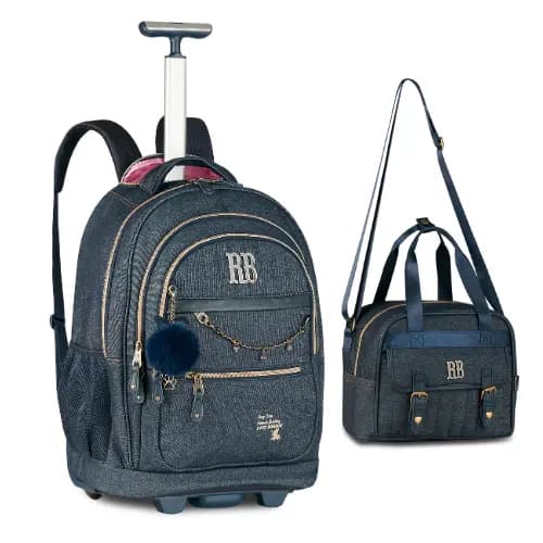 Kit Mochila Rodinha Denim Vintage Lancheira Térmica Coleção Rebecca Bonbon Grande Resistente