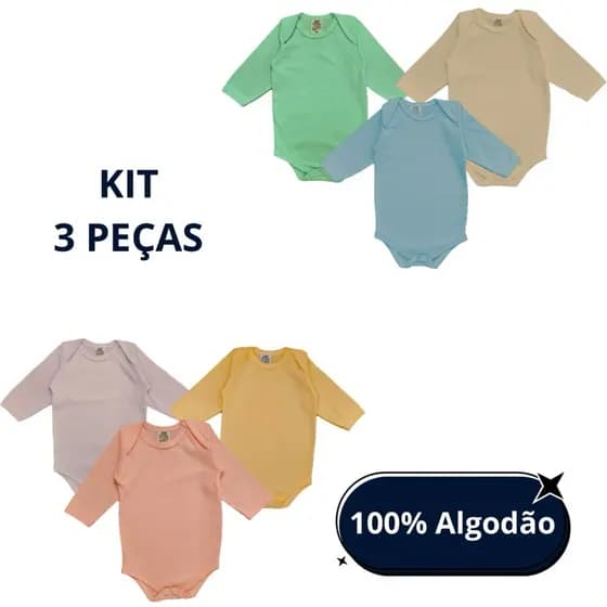 Promoção KIT Bodys Bebê 3 Peças Lisas (Cores Variadas)