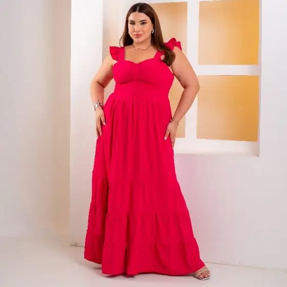 Vestido Feminino Longo Plus Size Com Lastex Nas Costas E Manga Curta