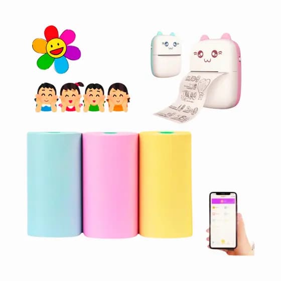 Kit Com 3 Rolos Coloridos Adesivos Mini Impressora Gatinho