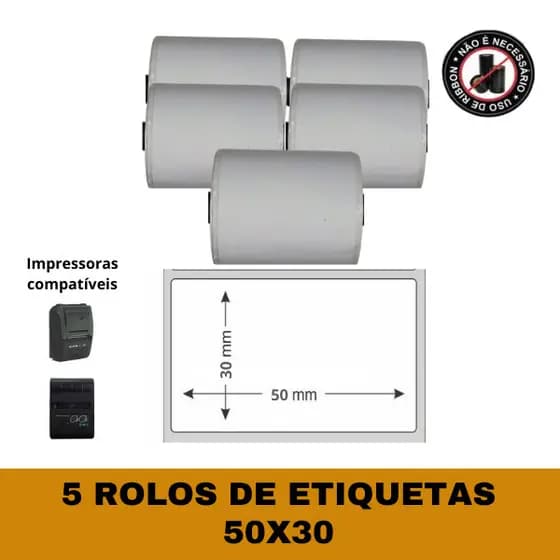 Etiqueta adesiva 57x30 para Mini Impressora - Kit com 5 Rolos