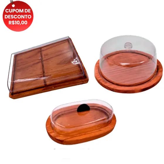 OFERTA 8.8 KIT Porta Frios MEDIO (21X16,5CM), Manteigueira e Boleira Madeira Rustica Cozinha, Queijos