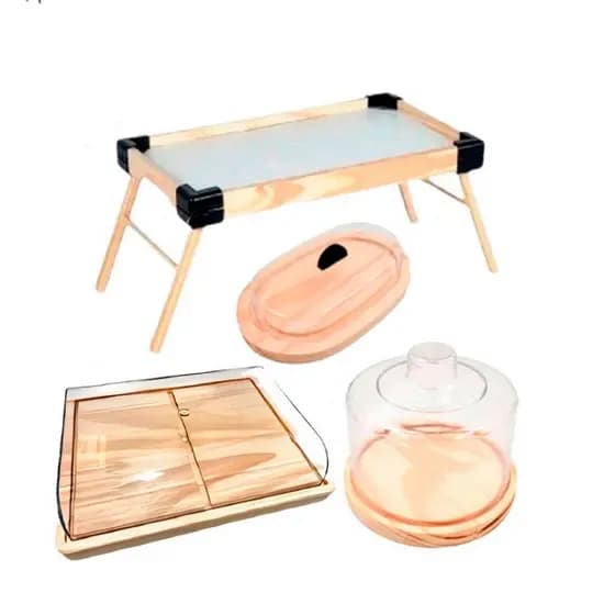 OFERTA 7.7 KIT 4Pçs Café da Manhã, Mesinha, Queijeira, Manteigueira e Porta Frios Médio de Madeira Natural e Tpa Acrí