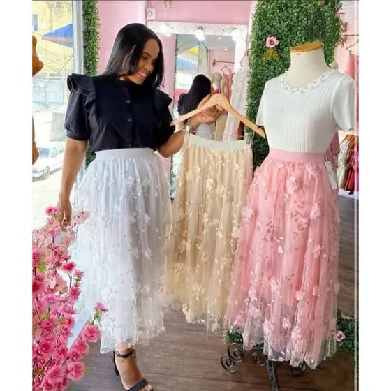 saia tule MÍDI em 3D floral tridimensional de verão para festa família passesado variadas eventos casaul elegante