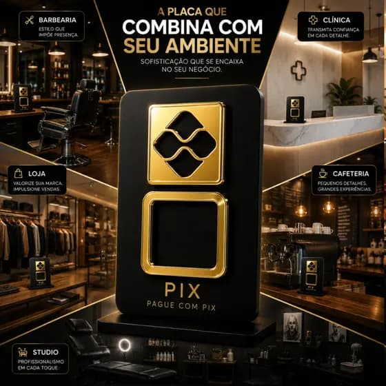 Placa PIX em Acrílico PRETO E DOURADO QR CODE Display Mesa Lojas Comercio Salão Barbearia Cafeteria