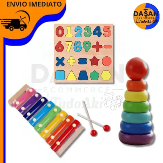 Brinquedo Montessori de Madeira – Torre de Encaixe e Xilofone Sensorial Didático