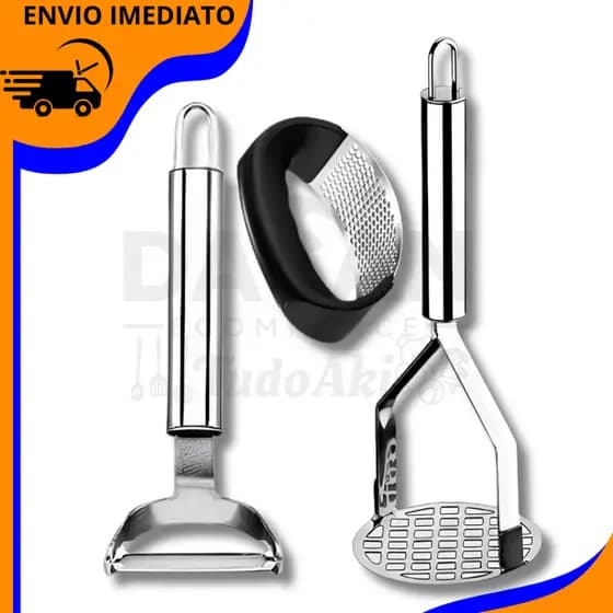 Kit Peças Cozinha Inox Premium – Amassador de Batata + amassador de Alho + Descascador de Legumes