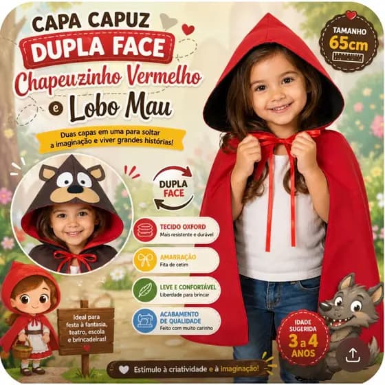 Novidade!!!!! Capa fantasia dupla face infantil Chapeuzinho Vermelho e Lobo Mau