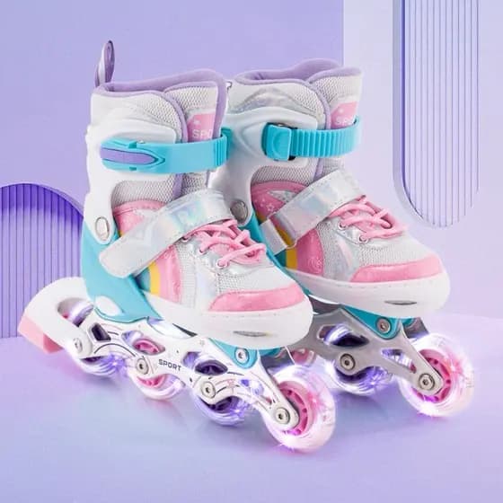 Patins Roller Arco Iris Rosa Com Led