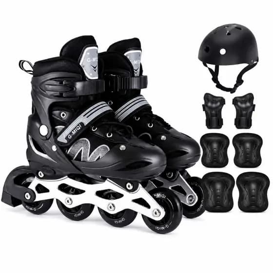 Patins Roller Infantil 4 Rodas Inline Preto/Cinza Com Led + kit Proteção
